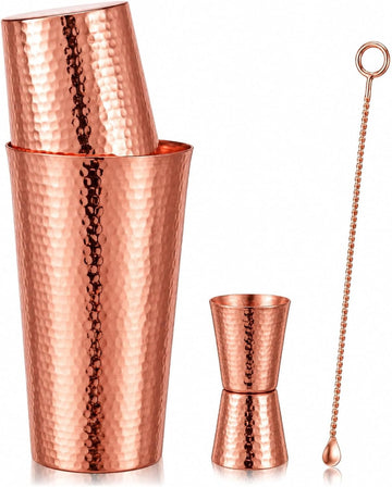 100% Solid Copper Boston Cocktail Shaker Set 16 oz & 25 oz Boston Cocktail 1oz & 2oz Doubleheaded Jigger and 12 - Set of 4