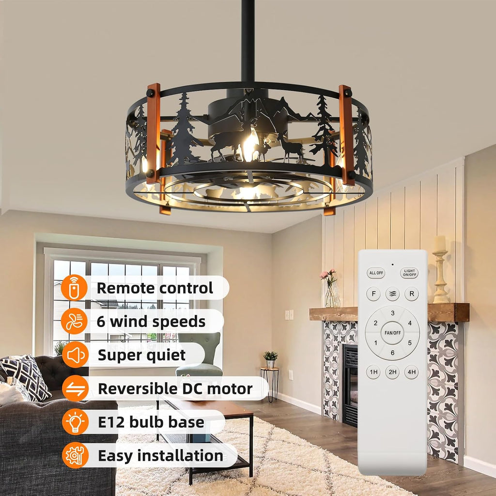 19 inch Caged Ceiling Fans with Lights - Black Farmhouse Ceiling Fan Light with 6 Speeds, Reversible Silent Motor