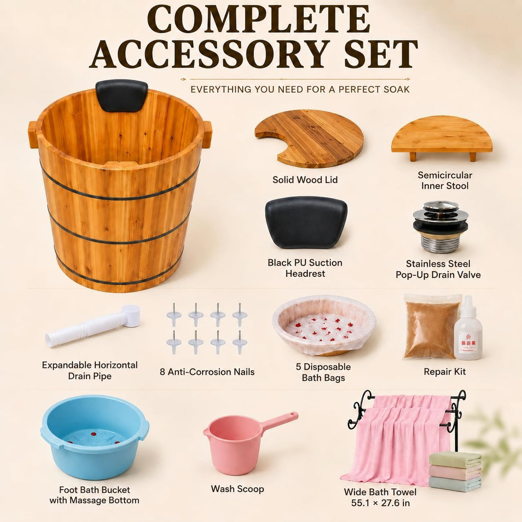 Luxury Fragrant Cedar Soaking Tub - Japanese Style Round Wooden Bathtub with Foot Massager & Full Accessories (wooden