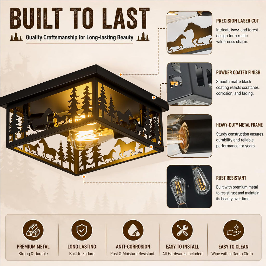 Rustic Horse Ceiling Light, 2-Light Farmhouse E26 Fixture