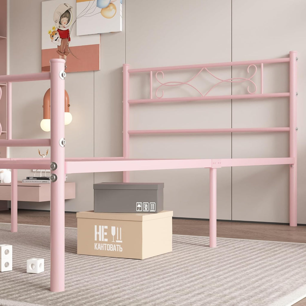 14" Twin Size Pink Metal Platform Bed Frame with Headboard for Kids,Premium Steel Slat Support/No Box Spring