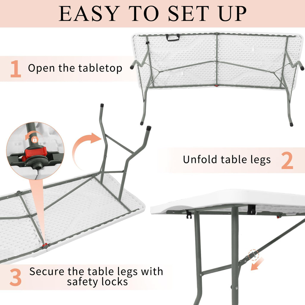 Set of 2 Folding Tables with Carrying Handle Lightweight 6FT Rectangular Portable Plastic Camping Table Steel Legs