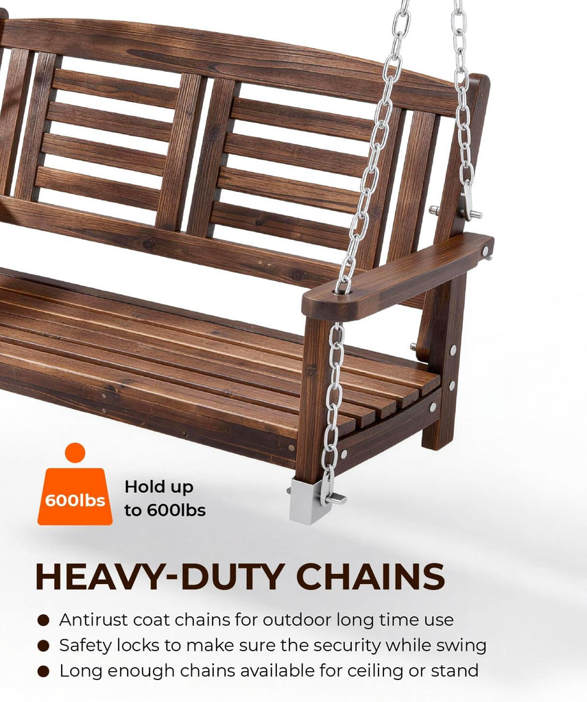 Wooden Porch Swing, Outdoor Patio Swing, 44" Swing Bench with Hanging Chains and Reclined Backrest for Deck