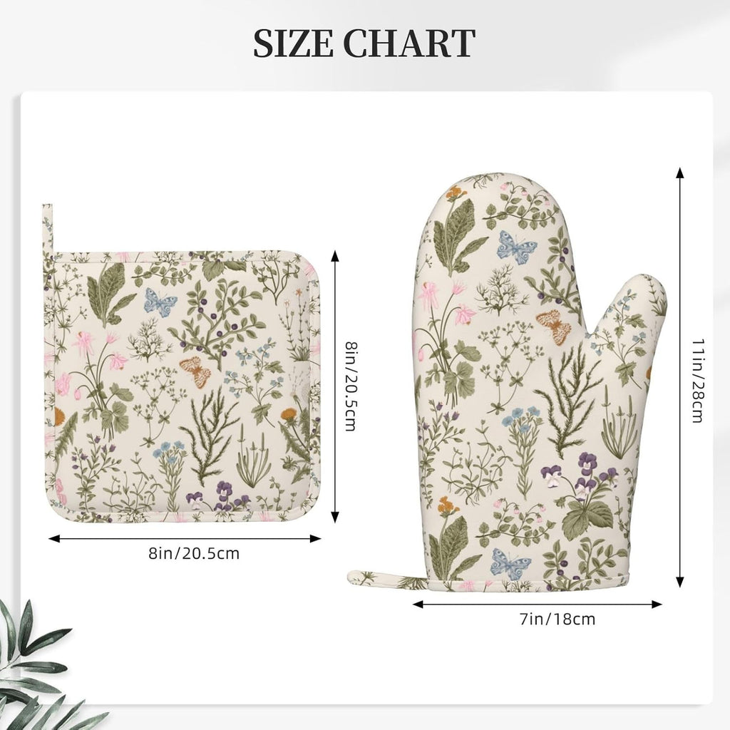 Vintage Wildflower Herbs Floral Rustic Butterfly Oven Mitts Pot Holders Set Silicone Kitchen Gloves Potholders