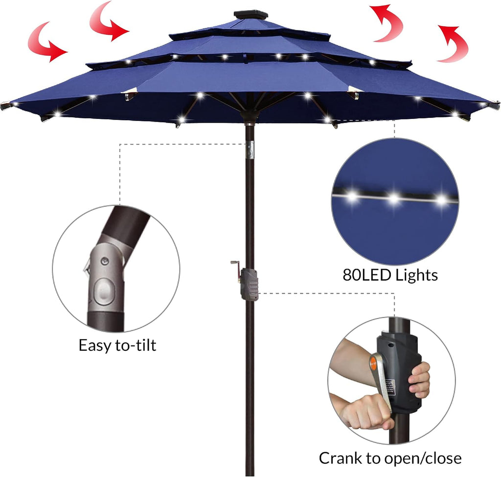 USA 10-Year-Non-Fading 9ft 3-Tier Market Patio Umbrella, Commercial Table Umbrella with 80 Solar LED Lights - Navy Blue