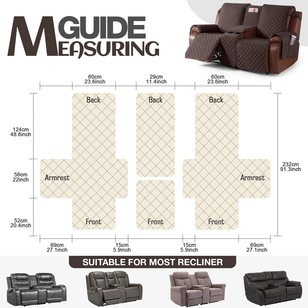 100% Waterproof Loveseat Recliner Cover with Console, Chocolate