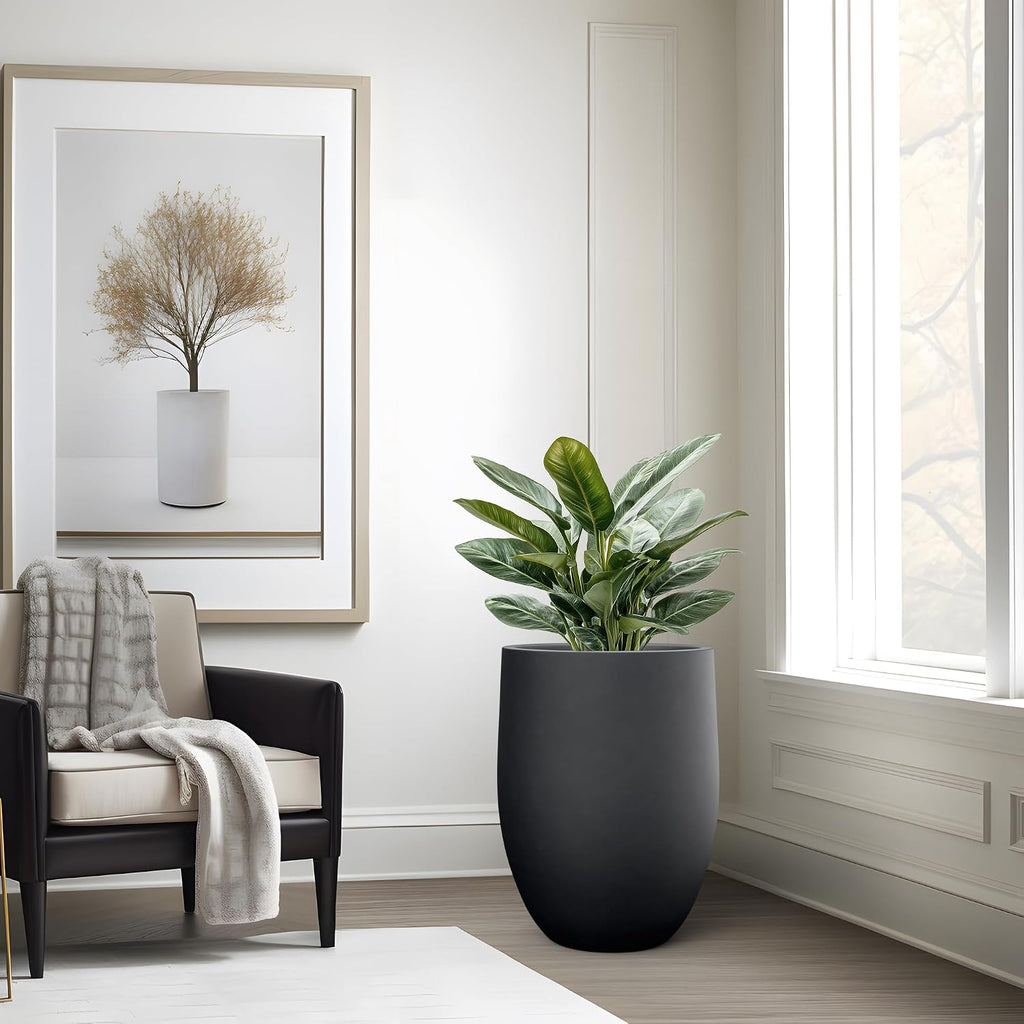 Large Round Bullet Black Concrete Planter 21.7" Tall, Outdoor | Rubber Plug for Indoor, Drainage for Garden