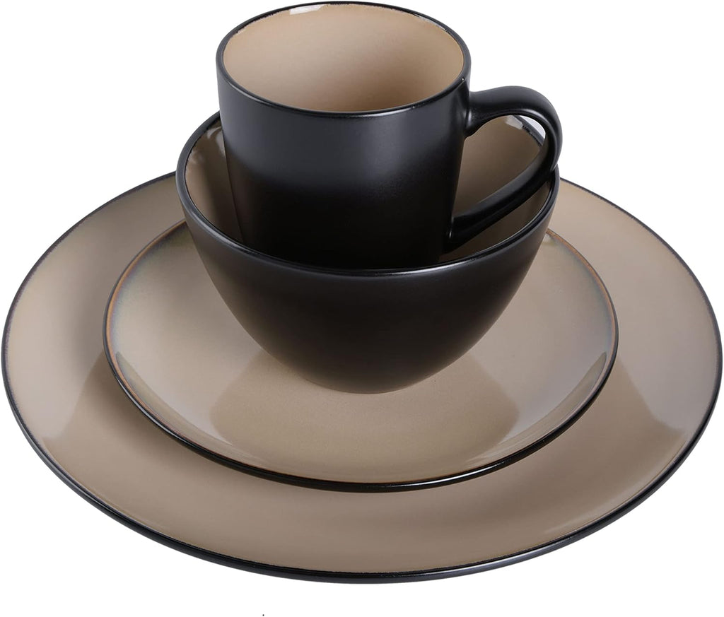 Soho Lounge 16-Piece Round Reactive Glaze Stoneware Dinnerware Set, Service for 4 - Taupe Plates and Bowls
