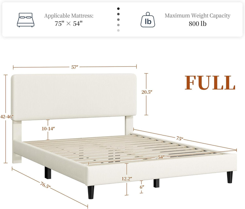 Full Bed Frame with Adjustable Headboard, Chenille Fabric Upholstered Headboard/Platform Bed
