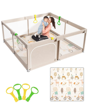 Baby Playpen with Mat, 59x59in Playpen for Babies and Toddlers, Grey