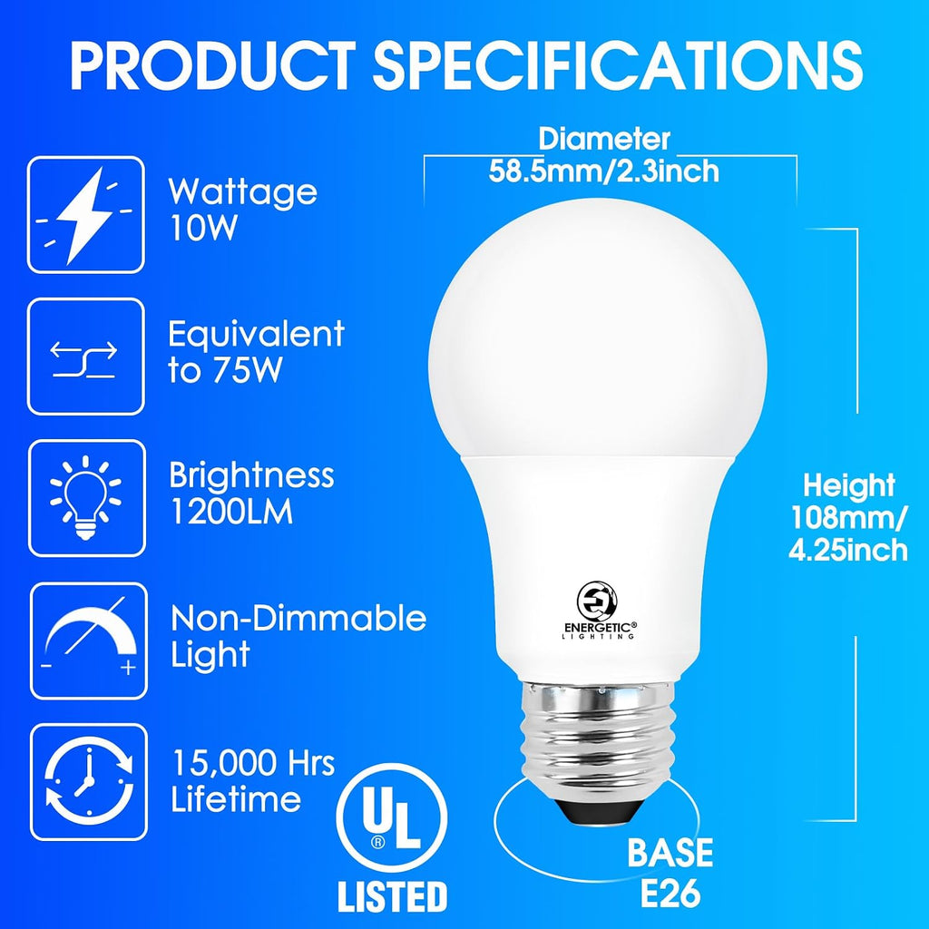 A19 Light Bulbs 75 watt Equivalent, Daylight 5000K, 1200LM Super Bright, Non-Dimmable A19 10W LED Light Bulbs, E26 - Set of 8