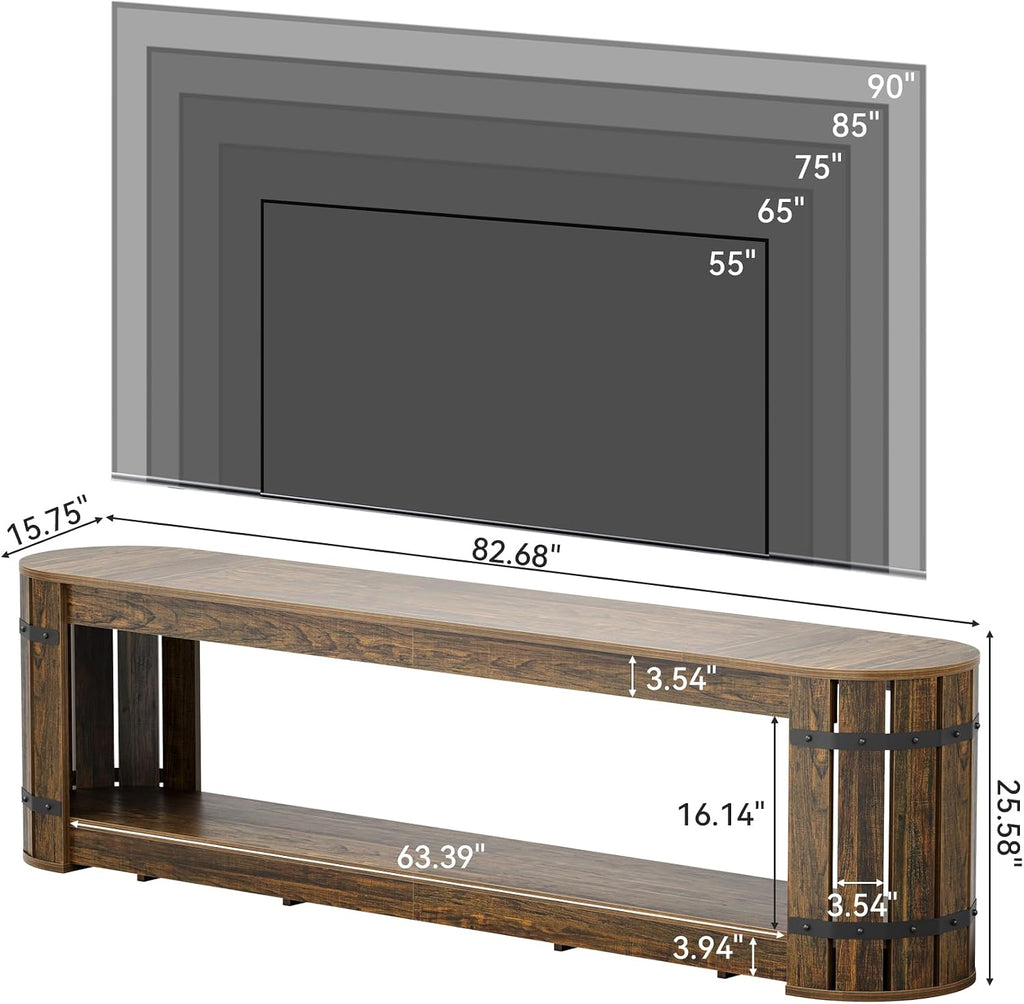 82.68 Inch TV Stand for TVs up to 90 Inch, Long TV Console Table | 2-Tier Storage Media Entertainment Center for Living Room, Entertainment Room, Vintage Barrel Style, Rustic Brown