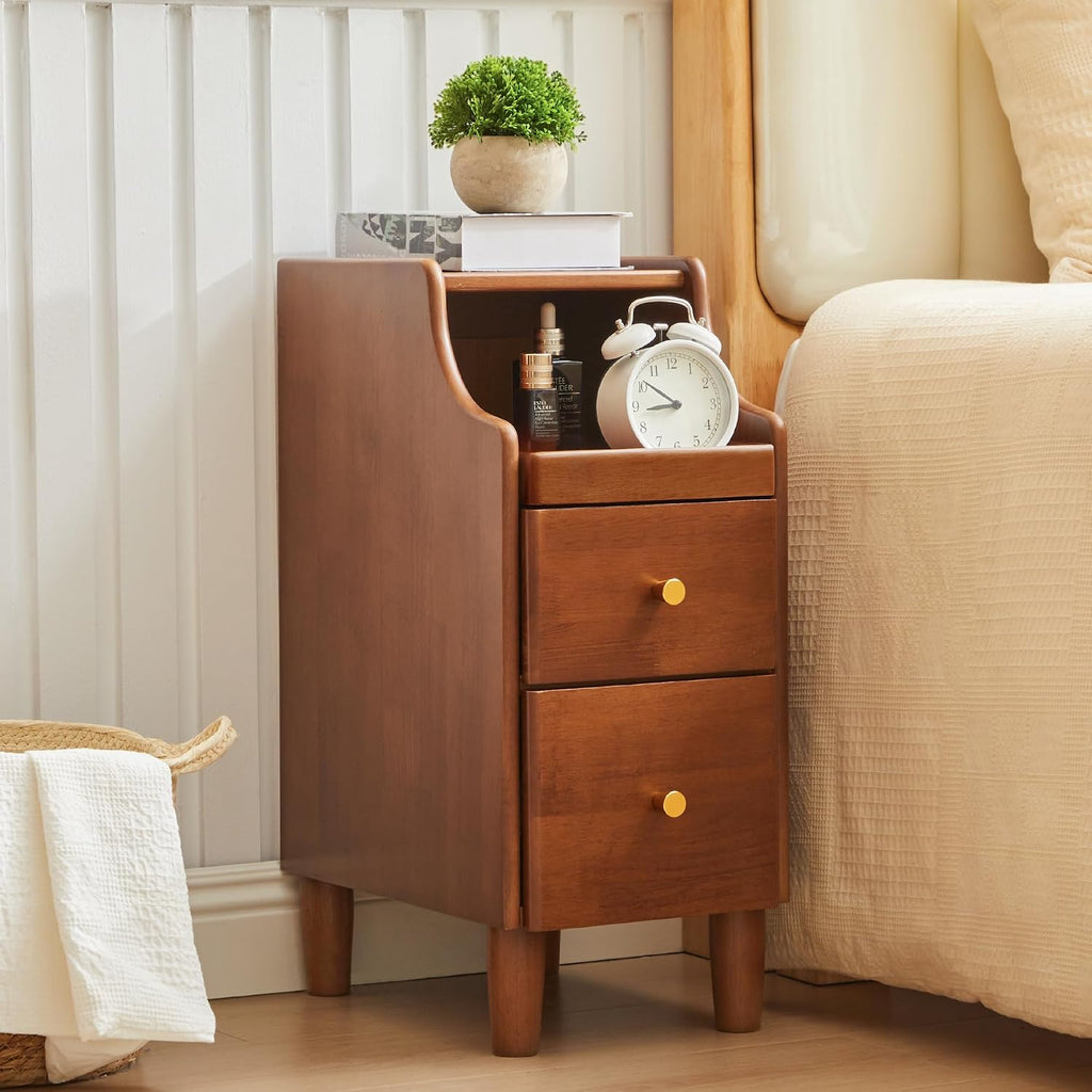 Solid Wood Narrow Nightstand, Slim Bedside Table with 2 Drawers & Slide-Out Tray, Mid-Century Modern End Table Side