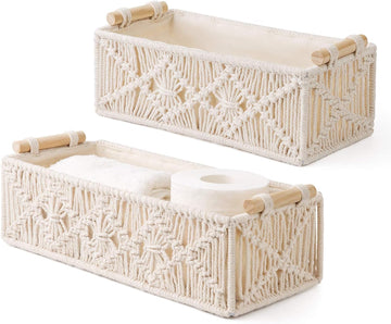 2Pc Macrame Storage Baskets, Boho Bathroom Toilet Paper Holder, Ivory | Small Baskets for Organizing, Hand-Woven