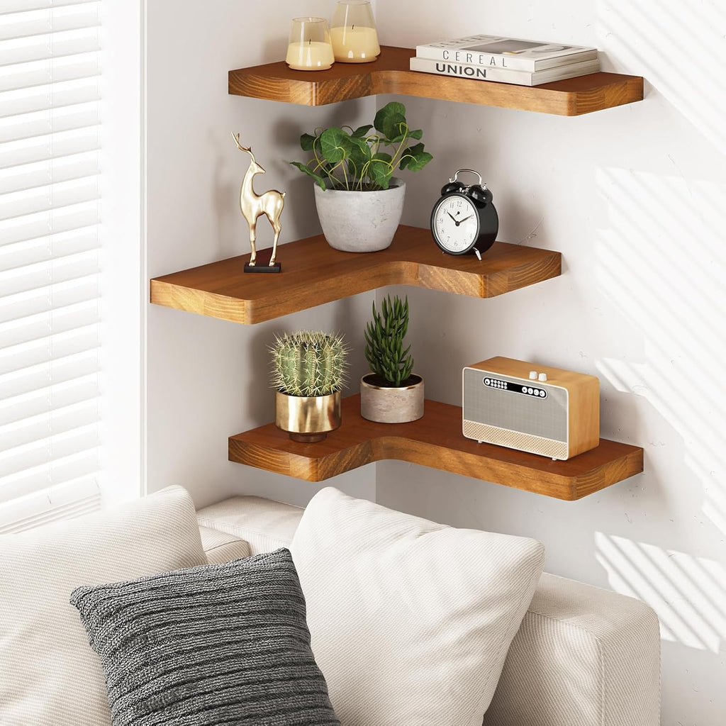Corner Floating Shelves for Wall Mounted Natural Solid Wood 16"x11.4" Farmhouse Home Decor Display Shelving Set of 3