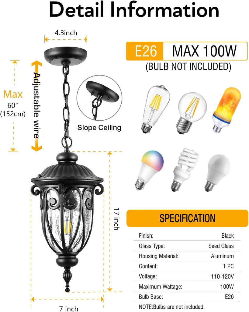 Black Outdoor Pendant Light Lantern, Modern Outdoor Chandelier, Outdoor Lamp Post Light with Outlet