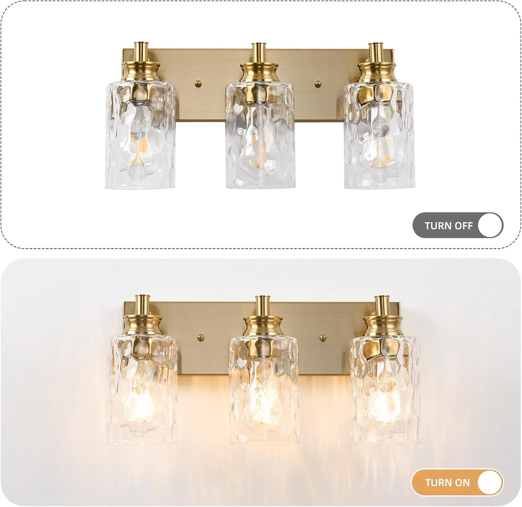 3 Light Bathroom Vanity Light Modern Brushed Gold Bathroom Light Fixtures Over Mirror with Hammered Glass Lampshade