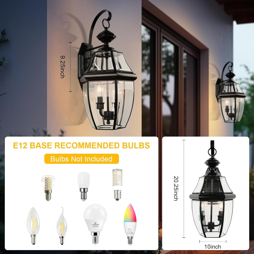 20 Inch Large Outdoor Wall Lantern, 2-Light with Clear Beveled Glass - Matte Black