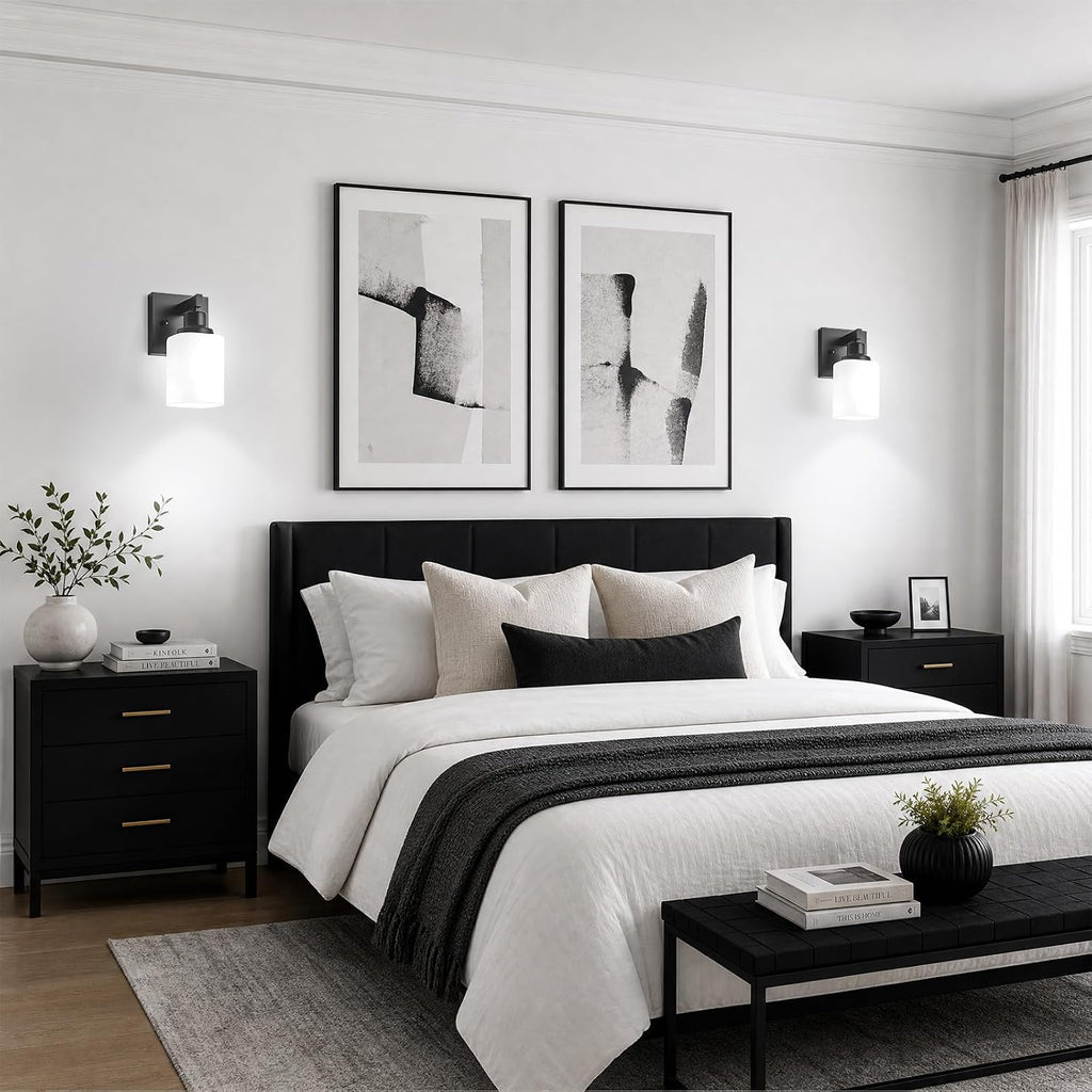 Set of 2 Wall Sconces , Black Bathroom Vanity Light,Modern Wall Sconces Indoor with Square Frosted Glass,Farmhouse
