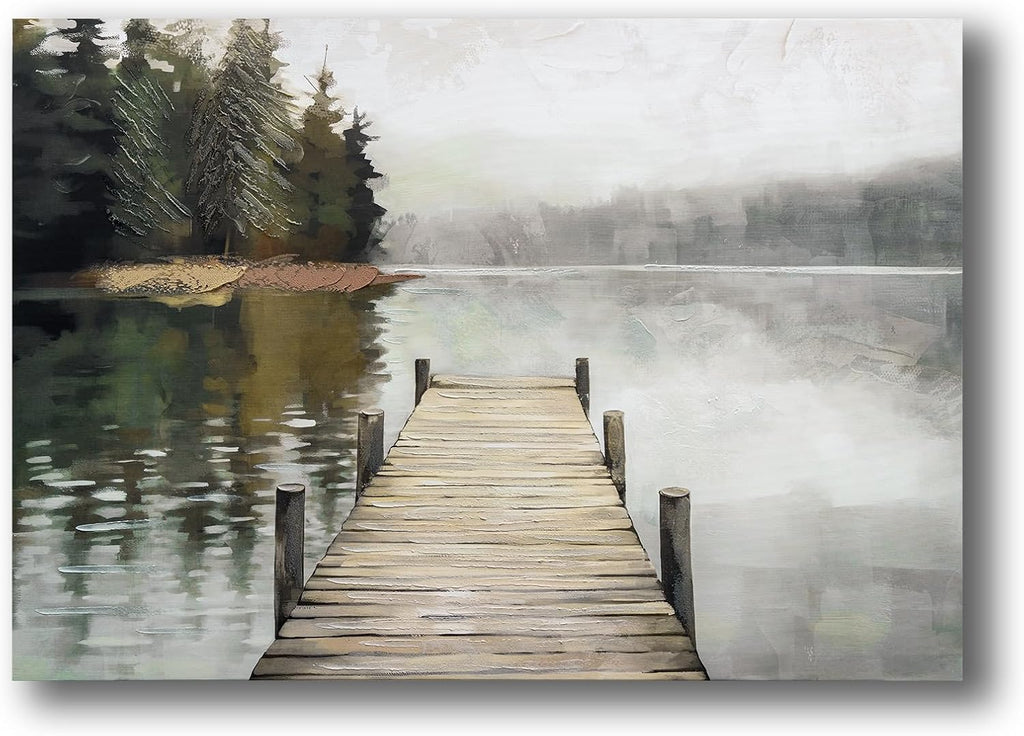 Nature Landscape Large Wall Art Canvas Picture,Horizontal Dock Forest Artwork Decor,Modern Hand Painted Textured Lake