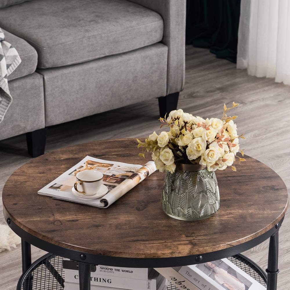 Round Coffee Table with Storage - 31.5" Rustic Farmhouse Design, Industrial Style with Metal Shelf