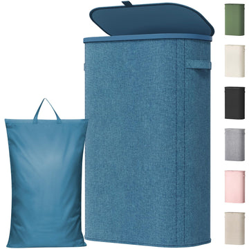 Slim Laundry Basket with Lid and Removable Bag, 65L, Dark Blue
