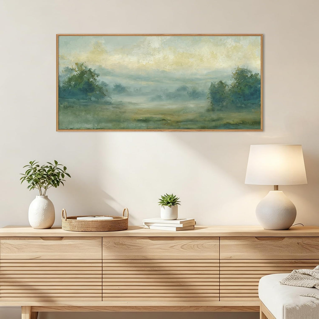 Green Abstract Minimalist Framed Canvas Wall Art,Neutral Landscape Horizontal Wall Decor,Watercolor Forest Mountain