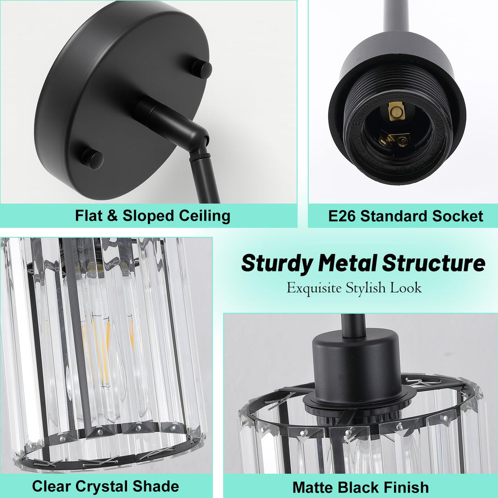 3 Pack Pendant Light Fixtures, Modern Black Pendant Lights Kitchen Island, Mini Pendant Lighting with Crystal Shade