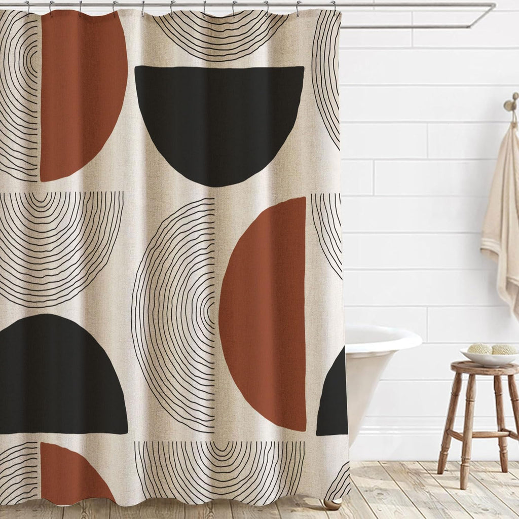 Boho Minimalistic Linen Shower Curtain Abstract Geometric Shapes Lines Fabric Shower Curtain Set with Hooks, Mid