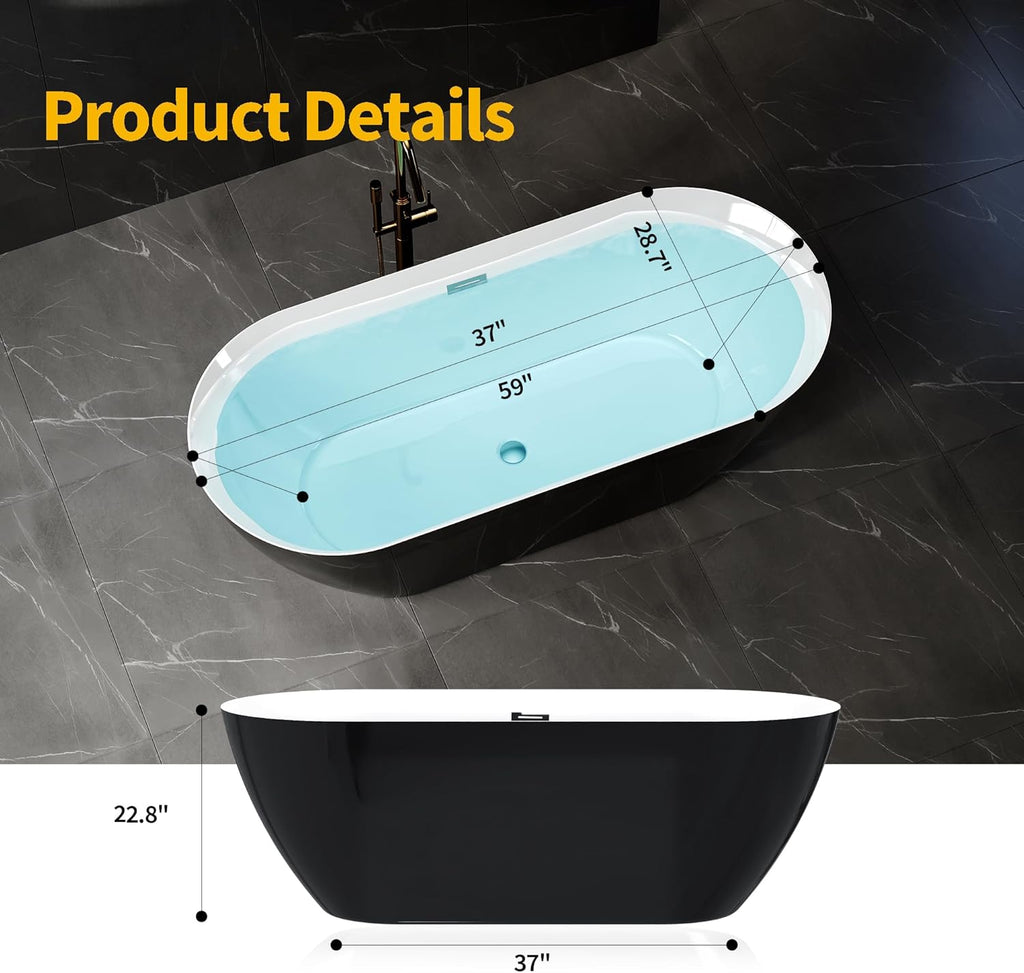 59 Inch Acrylic Freestanding Bathtub, Deep Soaking Tub with White Interior Black Exterior, Oval Stand Alone Acrylic