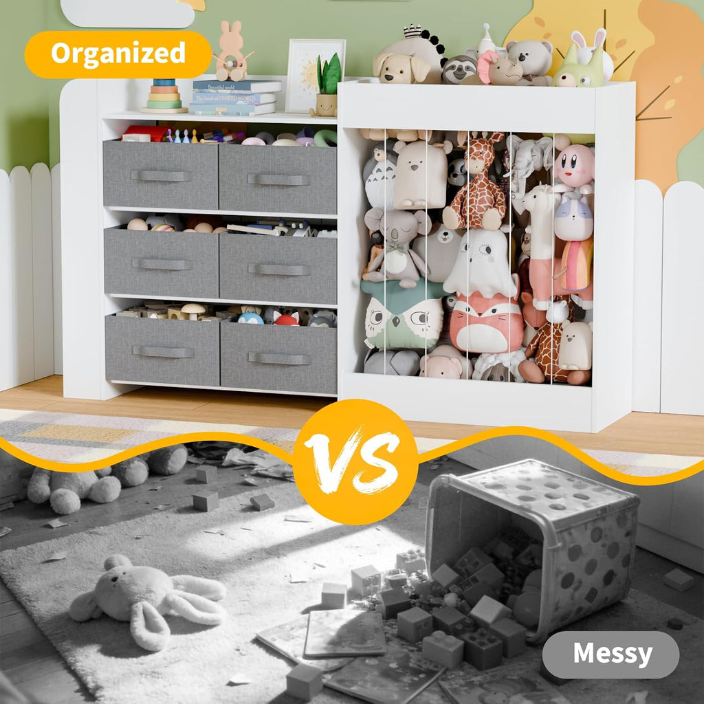 61"W Toy Storage Organizer with 6 Storage Bins, 3-Tier Kids Bookcase & 211L Stuffed Animal Holder, 3-in-1 Plush Toy