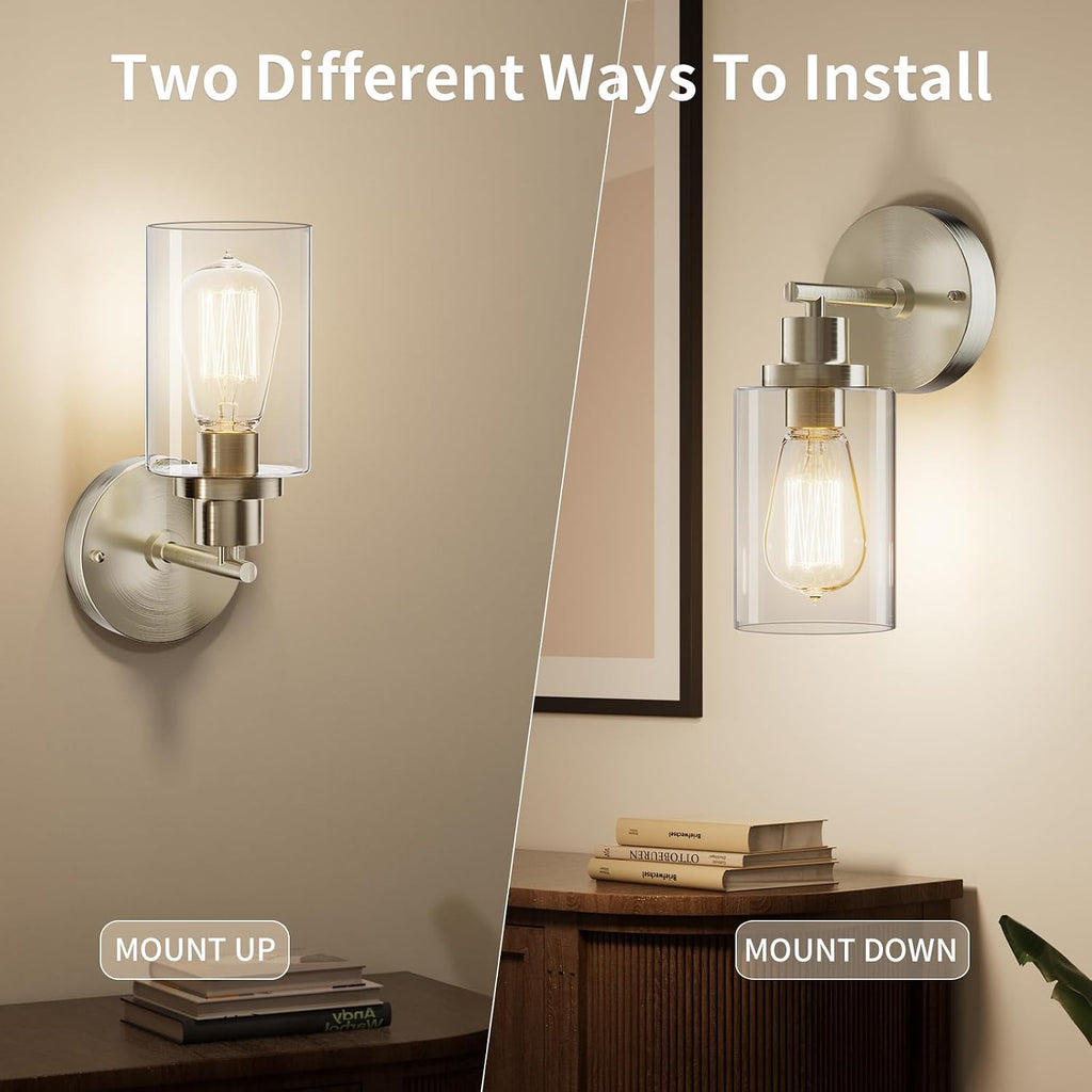 Bathroom Wall Sconces Set of 2, Brushed Nickel Vanity Light Fixtures | E26 Base, LED Indoor Wall Mount Lamp