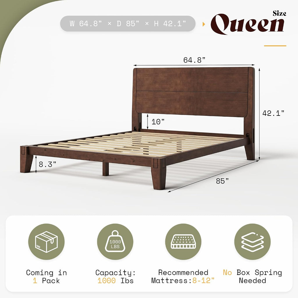 Solid Wood Queen Bed Frame with Headboard, Japanese Joinery,Walnut