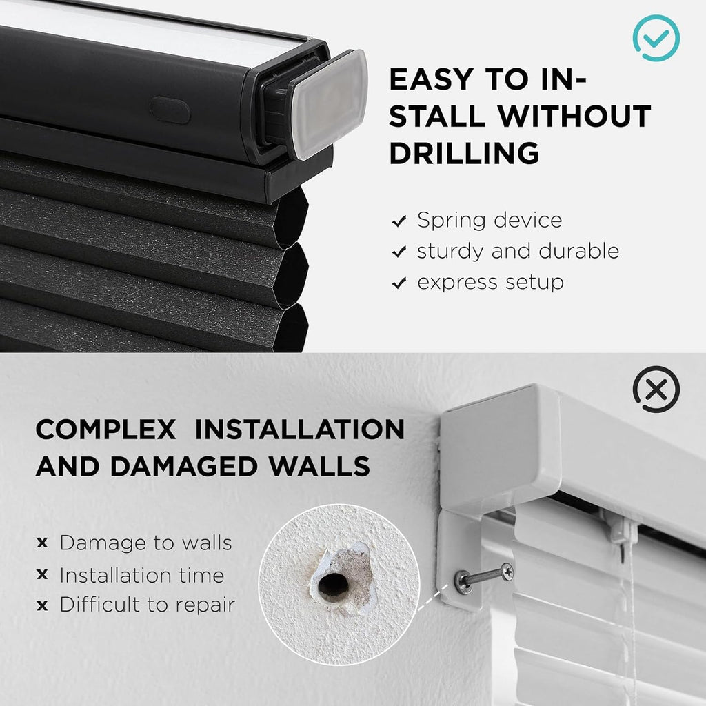 No Drill Blackout Cordless Cellular Shades, 34" W x 64" H, Black