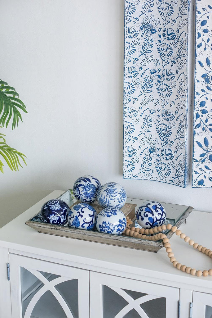 Set of 6 Porcelain Decorative Spheres - Handcrafted Blue and White Floral Orbs Decor, Tabletop Accent, Shelf Display