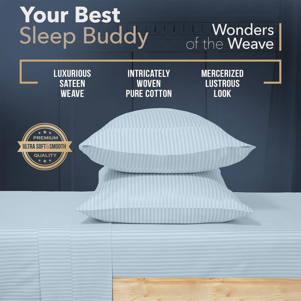 400 Thread Count King Size Sheets Set, Light Blue Stripe