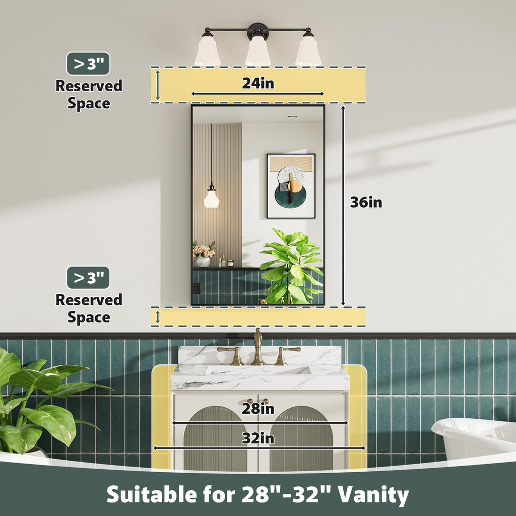 24x36 Inch Black Bathroom Mirror, Metal Framed Vanity Mirror