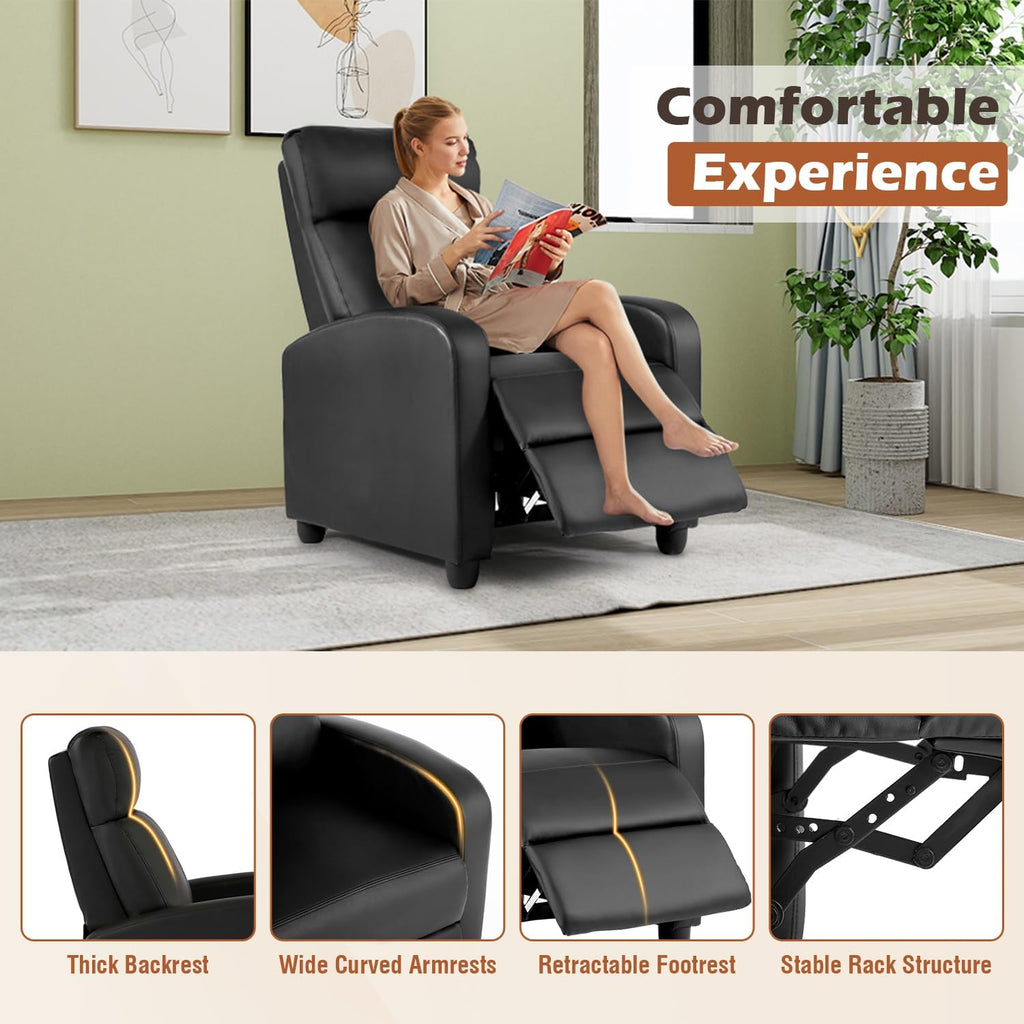 Recliner Chair | No Massage Function | Leather Black | with Lumbar Support, Adjustable Push Back, Wide Armrests