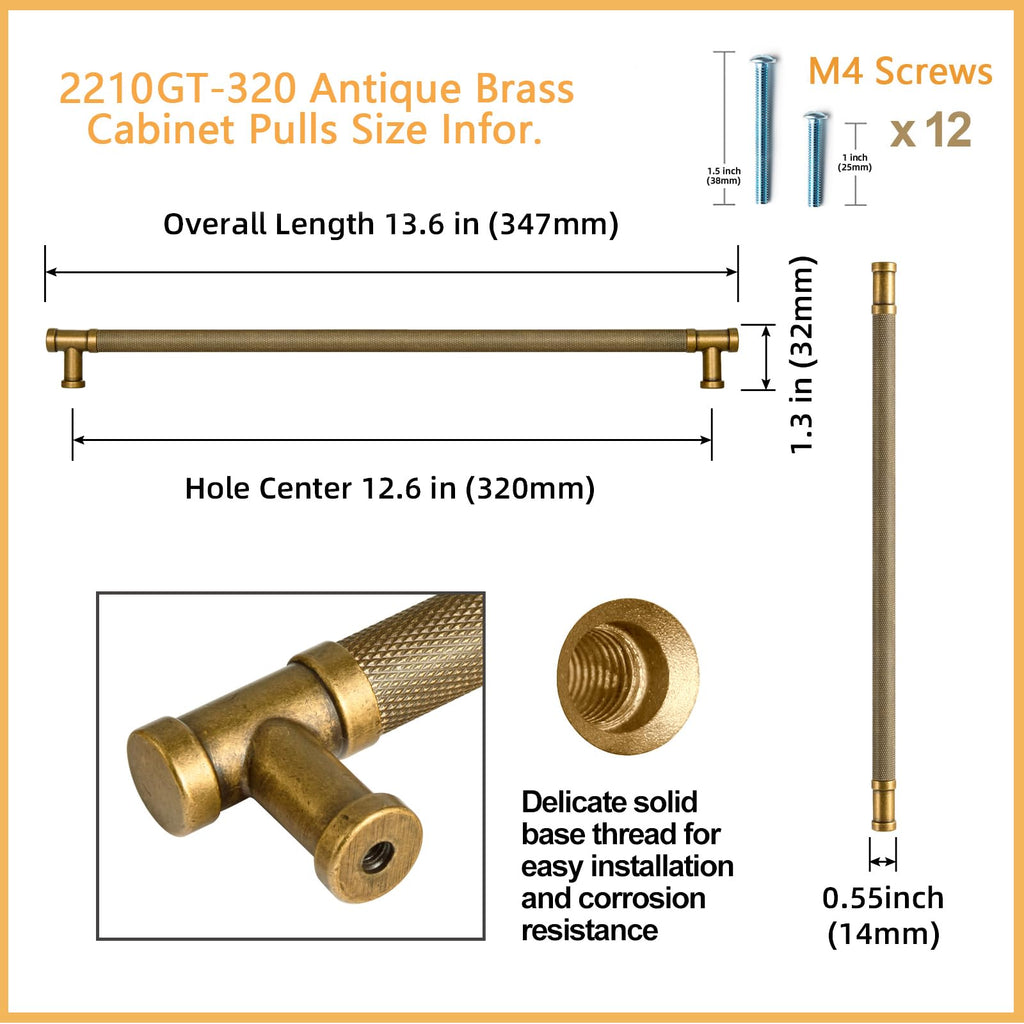 6 Pack Knurled Cabinet Pulls Antique Brass Drawer Pulls, 12.6" c-c Vintage Brass Knurled Dresser Pulls Bar Cabinet