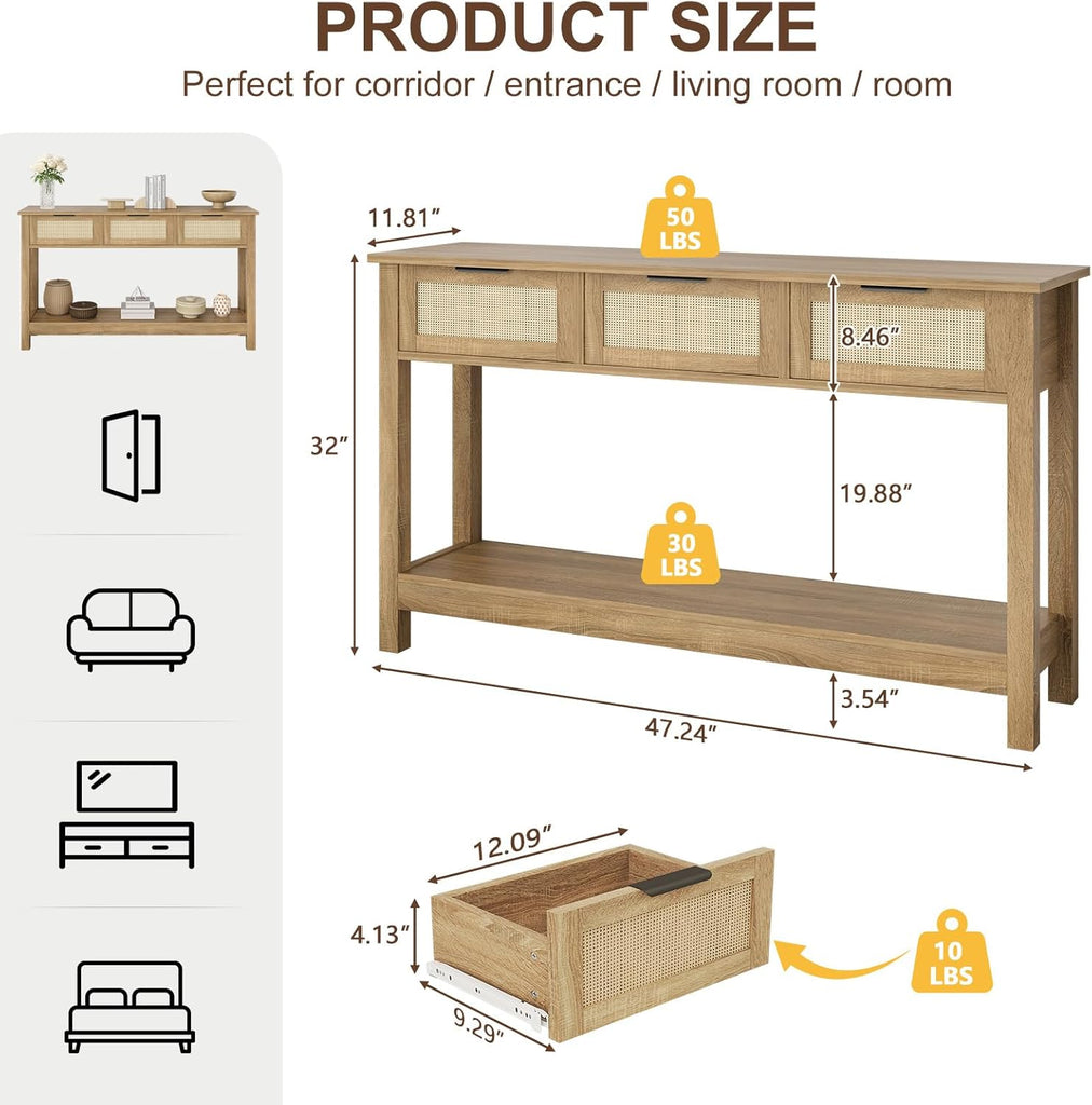 Rattan Console Table 3-Drawer 47" Narrow Wood Entryway Sofa Table | Trendy Boho Hallway Foyer Storage, Open Shelf