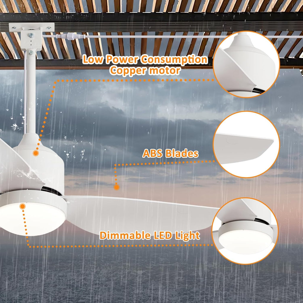 42 Inch White Waterproof Gazebo Fans with Lights Outdoor Hanging - Plug in Remote App Control for Patio Indoor Farmhouse Porch - 6 Speed Reversible DC Motor