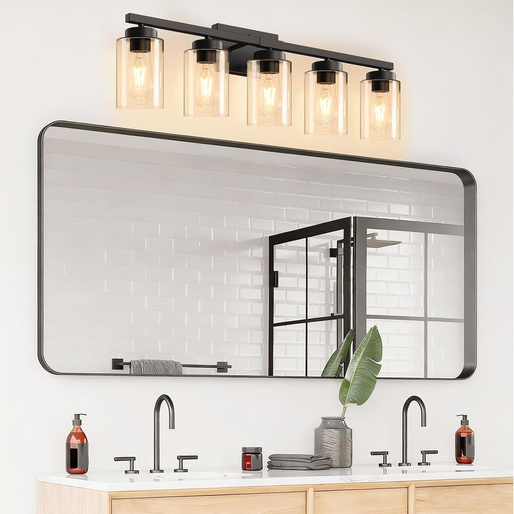 Modern Bathroom Light Fixtures, 5 Light Black Vanity Lights, Bathroom Lighting Fixtures Over Mirror with Clear Glass