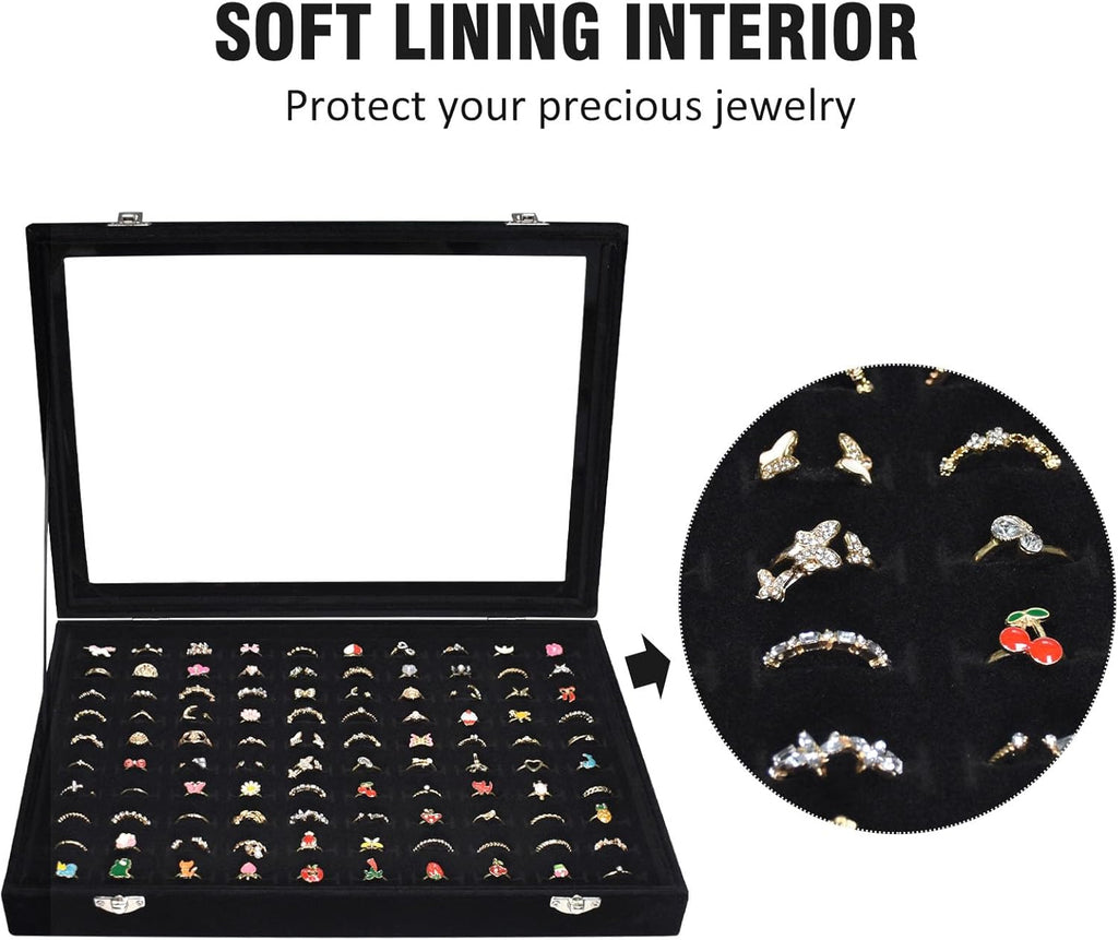 Velvet 100 Slots Ring Organizer Tray Ring Box with Clear Lid