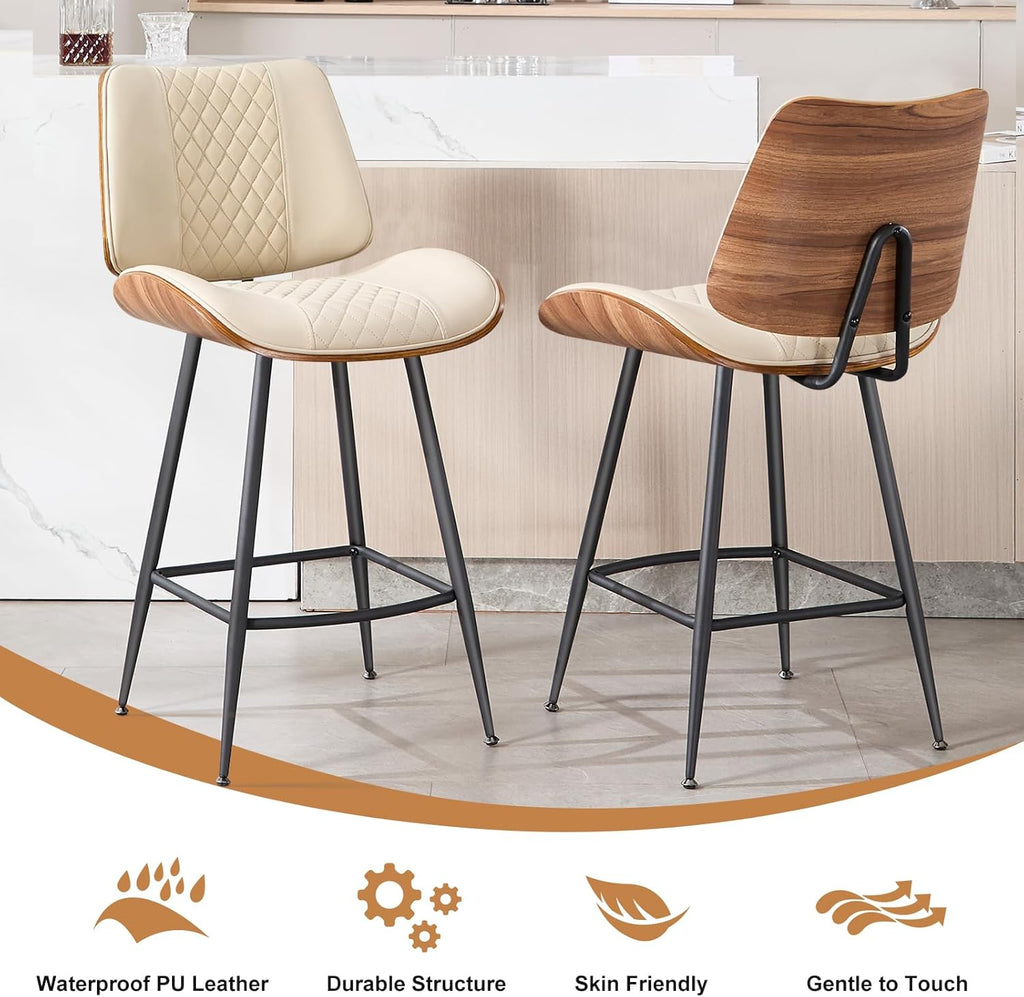 Counter Height Barstools Set of 3, 26.9" Armless Stools with Metal Legs, Walnut Pub Chair in Modern Style, PU Leather