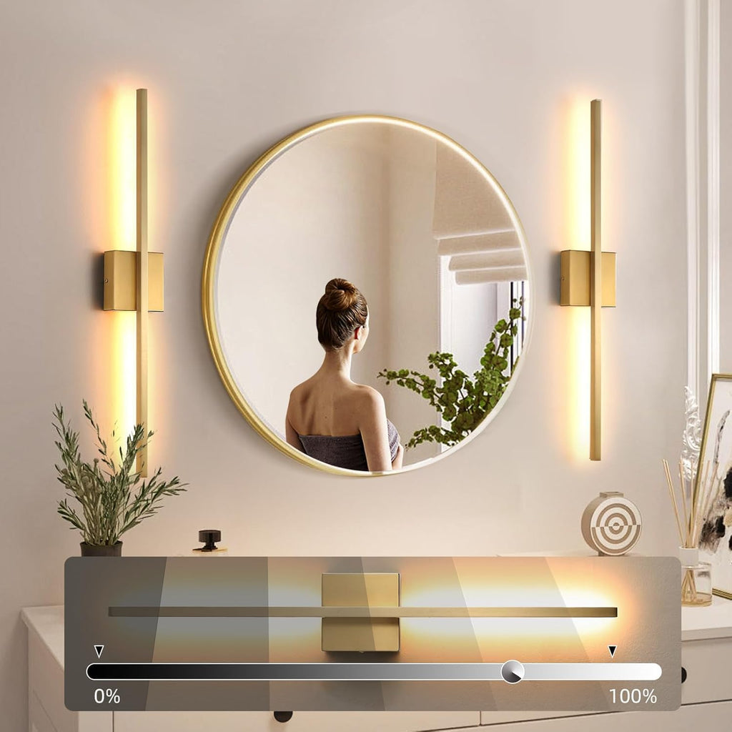 Wall Sconces Set of Two, LED Dimmable Sconces Wall Lighting, Brushed Gold Modern Wall Sconce Light for Bathroom
