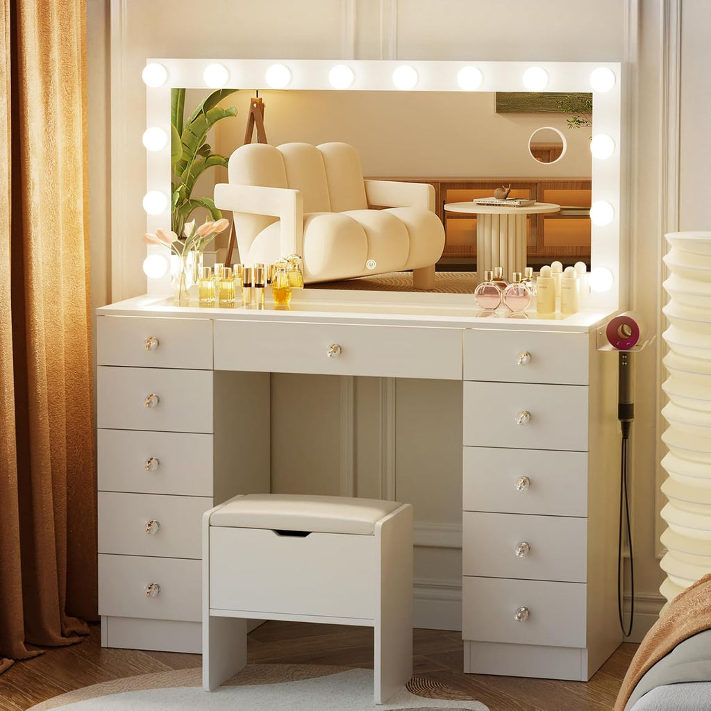 Vanity with Lighted Mirror - 46" Makeup Vanity Desk with Glass Top | Makeup Table with 11 Drawers, 3 Color Lighting