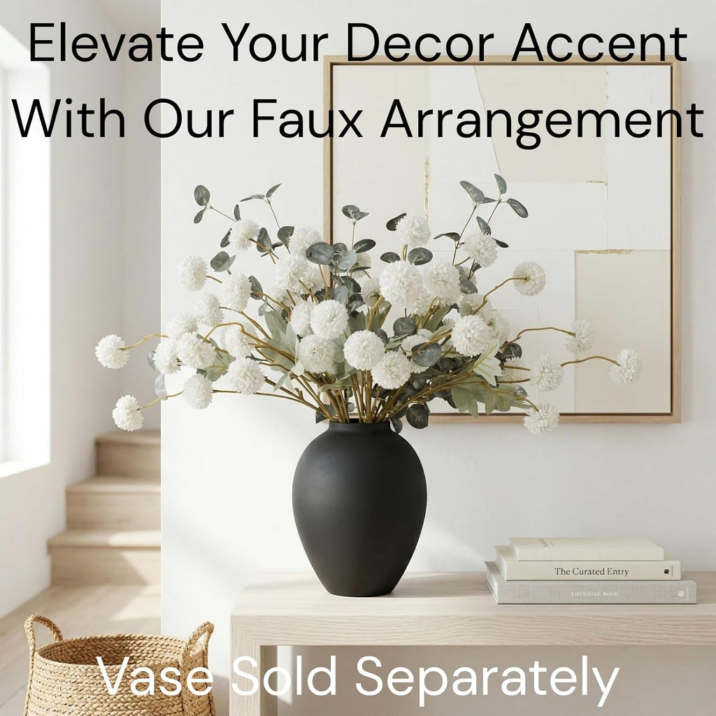 White Faux Kiku Flowers for Vase(NOT Included) - 10 Long Stem Artificial Flowers with Eucalyptus, Realistic Floral