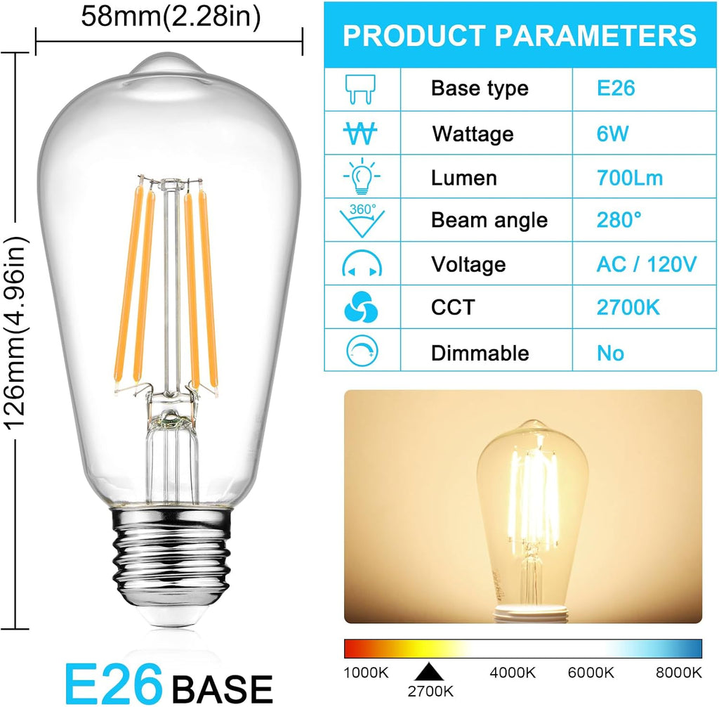 Vintage LED Edison Bulbs, 6W, Equivalent 60W, Non-Dimmable, High Brightness Warm White 2700K, ST58 Antique LED