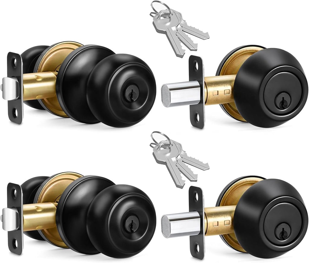 2 Sets Entry Door Knob and Single Cylinder Deadbolt Combo Set