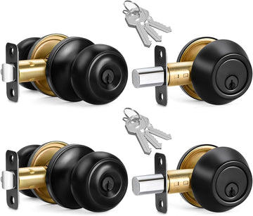 2 Sets Entry Door Knob and Single Cylinder Deadbolt Combo Set